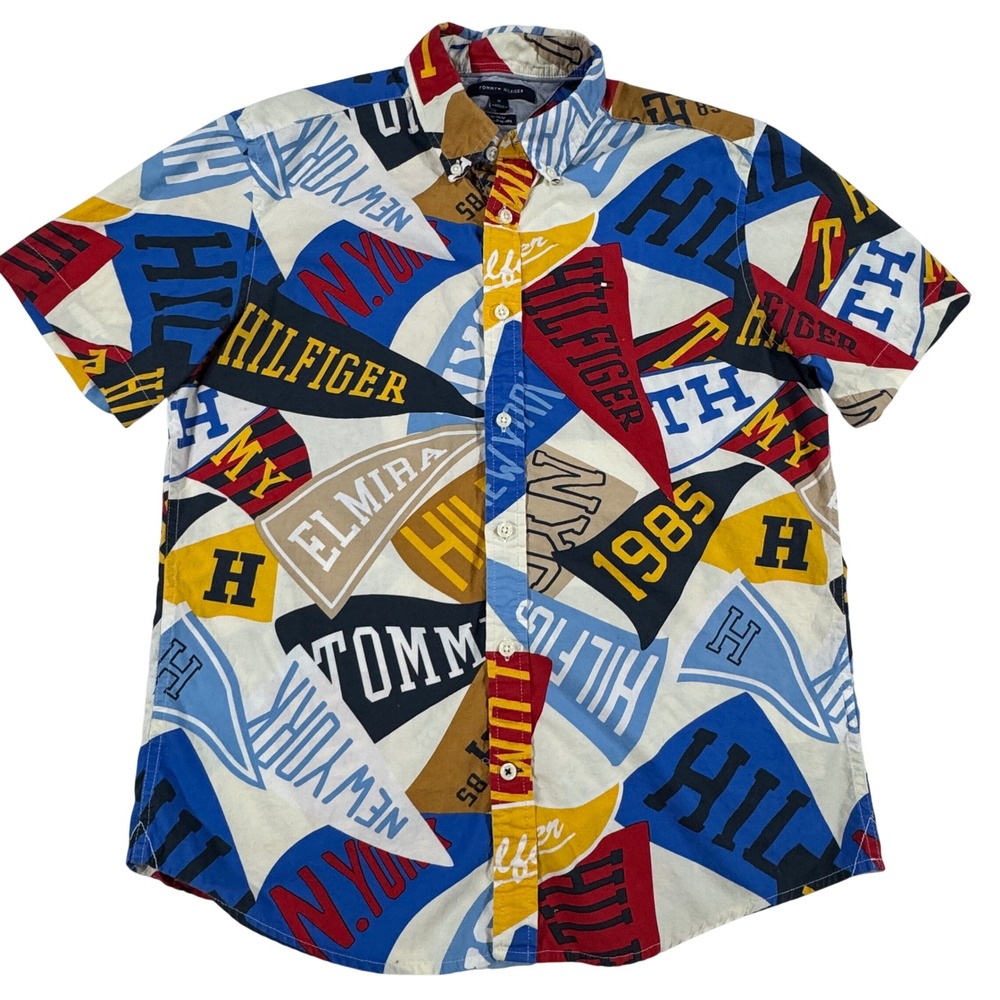Tommy Hilfiger Custom Fit AOP Pennant Flag Print Short Sleeve Button Down M Y2K